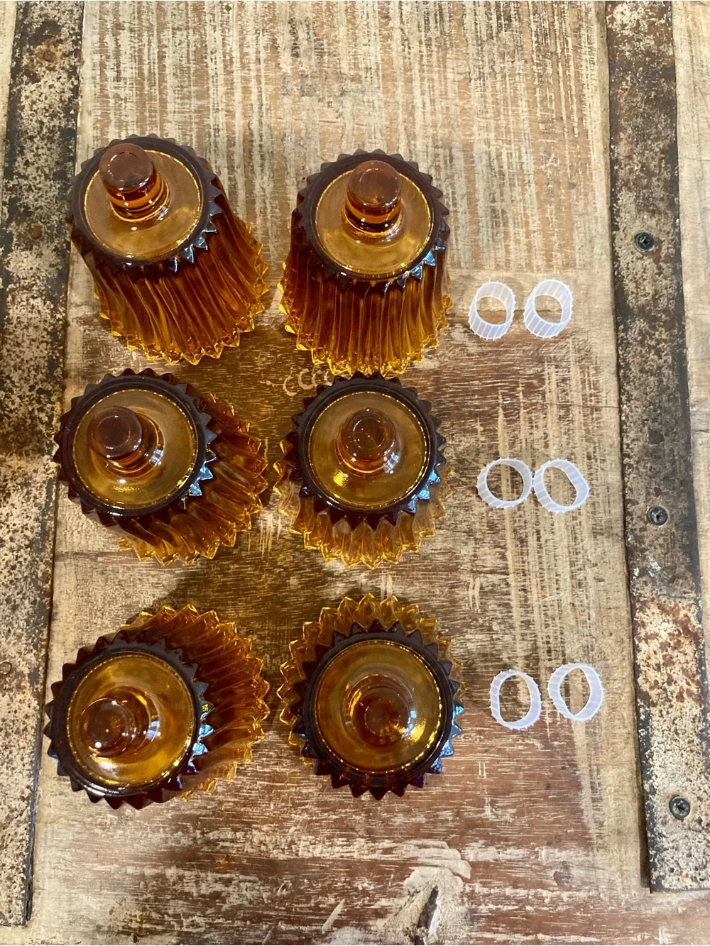 6 Vintage Homco Flic-A-Lite Amber Ribbed Cut Pegged Votive Candle Holders